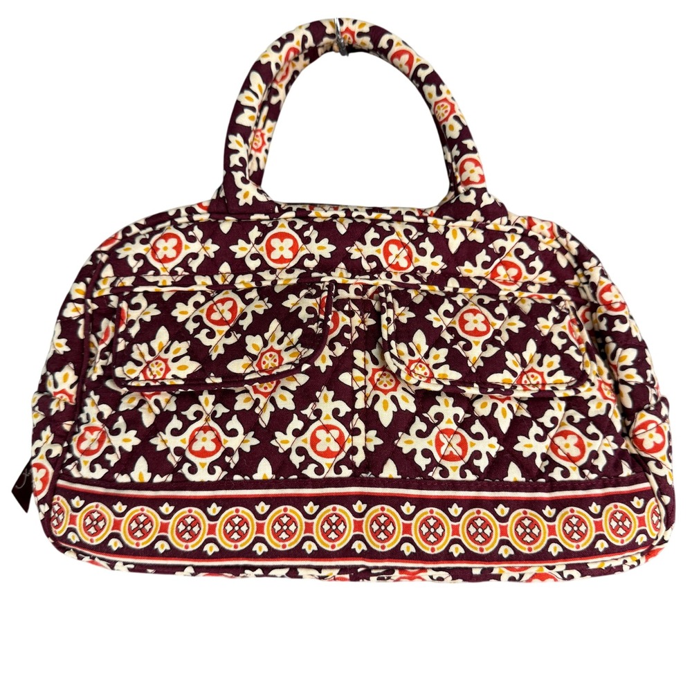 Vera Bradley Quilted Handbag Burgundy Floral Tapestry Zip Satchel Pockets